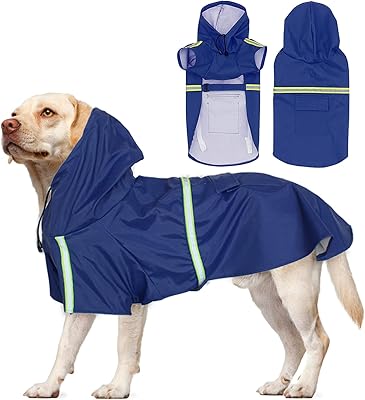 带兜帽皮带孔,可调节钉耙雨衣适合中型大型犬轻便透气宠物雨衣(蓝色